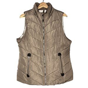 Green Tea Puffer Vest Jacket L Fleece Faux Fur Lining Full Zip Quilt Brown Taupe